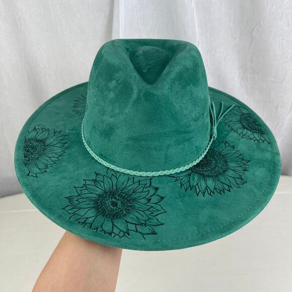 Hand Crafted Accessories - Emerald Green Faux Suede Hand Burned Wide Flat Brim Hat Sunflowers ADJUSTABLE SZ